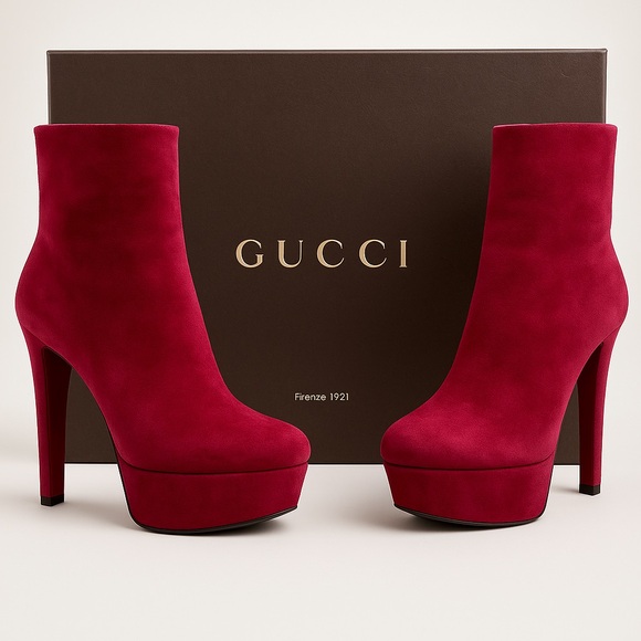 Gucci Kid Suede Red Platform Ankle Boots High Heel EU 37.5 US 7.5 - Picture 1 of 17